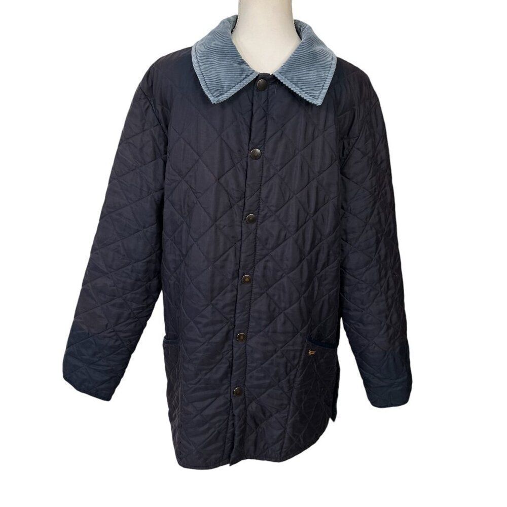 Vintage Barbour Men's Navy Quilted Jacket With Corduroy Collar Navy Blue Size L
